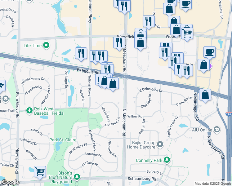 map of restaurants, bars, coffee shops, grocery stores, and more near 1293 E Higgins Rd in Schaumburg