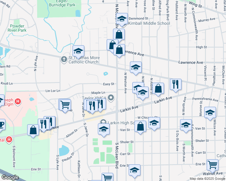 map of restaurants, bars, coffee shops, grocery stores, and more near 1422 Maple Lane in Elgin