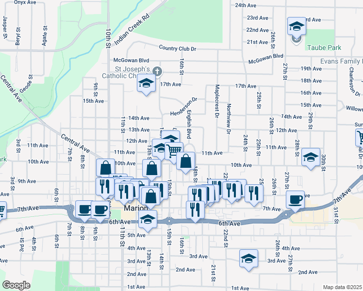 map of restaurants, bars, coffee shops, grocery stores, and more near 1130 English Boulevard in Marion