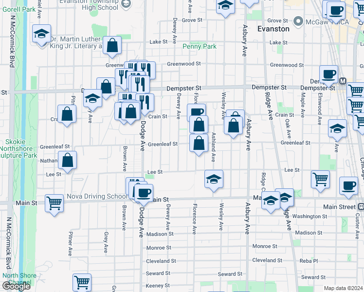 map of restaurants, bars, coffee shops, grocery stores, and more near 1047 Dewey Avenue in Evanston