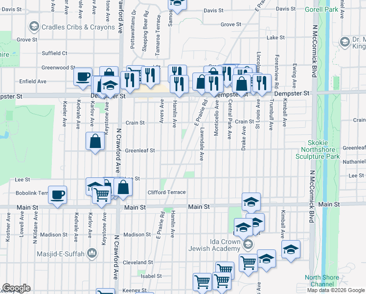 map of restaurants, bars, coffee shops, grocery stores, and more near 8609 Hamlin Avenue in Skokie
