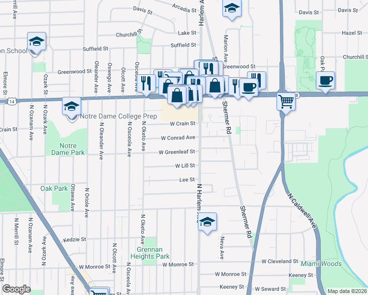 map of restaurants, bars, coffee shops, grocery stores, and more near 7212 West Greenleaf Street in Niles