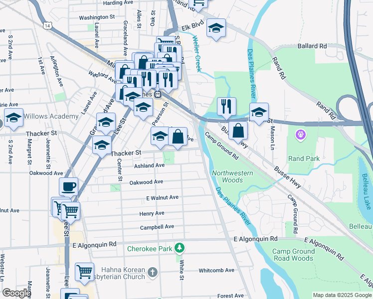 map of restaurants, bars, coffee shops, grocery stores, and more near 1643 East Thacker Street in Des Plaines