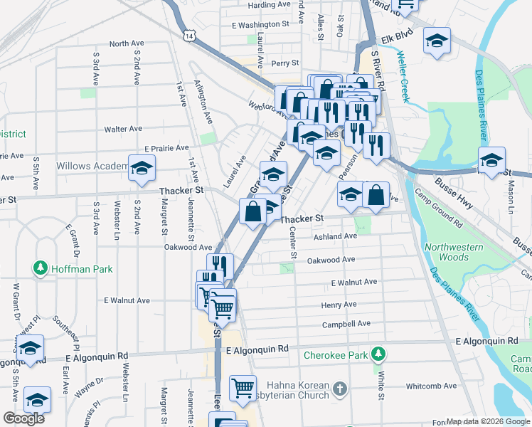 map of restaurants, bars, coffee shops, grocery stores, and more near in Des Plaines