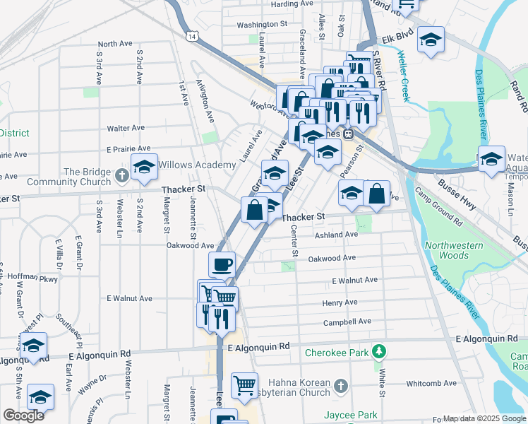 map of restaurants, bars, coffee shops, grocery stores, and more near in Des Plaines