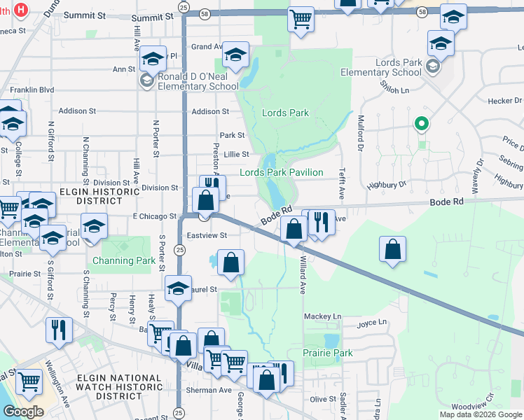 map of restaurants, bars, coffee shops, grocery stores, and more near 717 Linden Avenue in Elgin