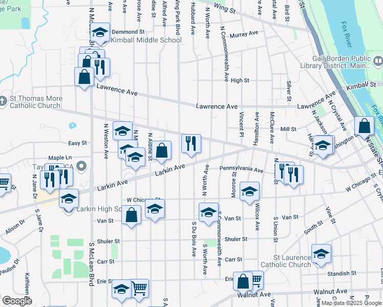 map of restaurants, bars, coffee shops, grocery stores, and more near 170 North Du Bois Avenue in Elgin