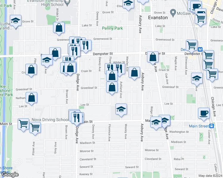 map of restaurants, bars, coffee shops, grocery stores, and more near 1526 Greenleaf Street in Evanston