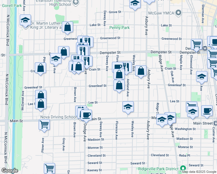 map of restaurants, bars, coffee shops, grocery stores, and more near 1047 Dewey Avenue in Evanston