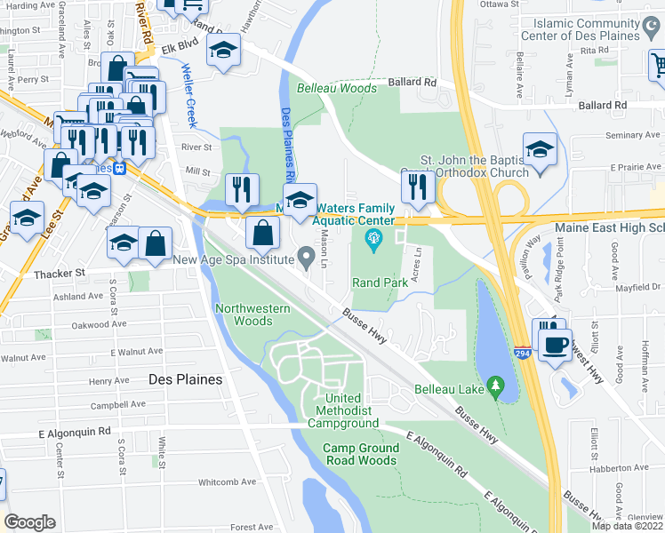 map of restaurants, bars, coffee shops, grocery stores, and more near 904 Parkview Lane in Des Plaines