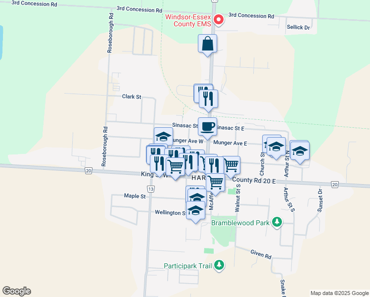 map of restaurants, bars, coffee shops, grocery stores, and more near 131 Victoria Street in Essex