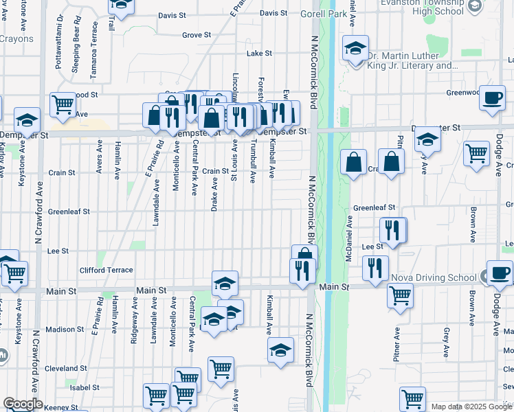 map of restaurants, bars, coffee shops, grocery stores, and more near 8601 Trumbull Avenue in Skokie