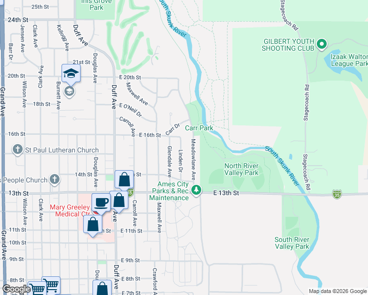 map of restaurants, bars, coffee shops, grocery stores, and more near 1522 Linden Drive in Ames