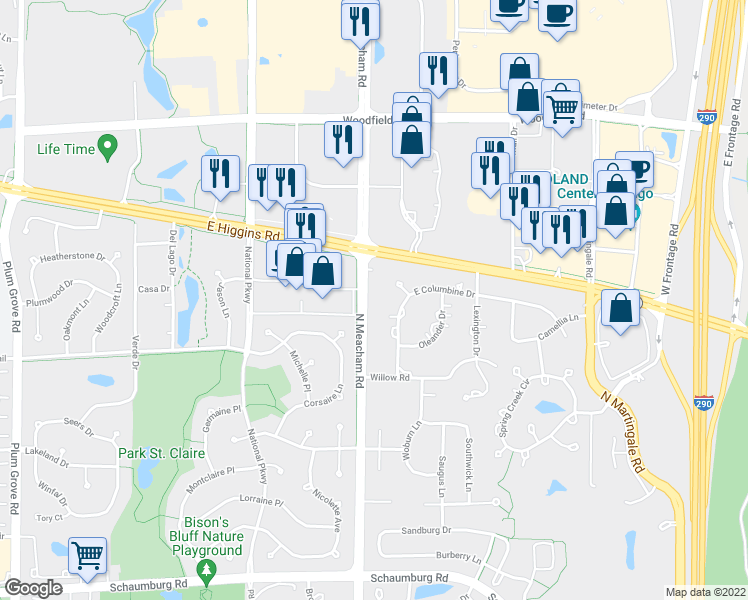 map of restaurants, bars, coffee shops, grocery stores, and more near 431 North Meacham Road in Schaumburg