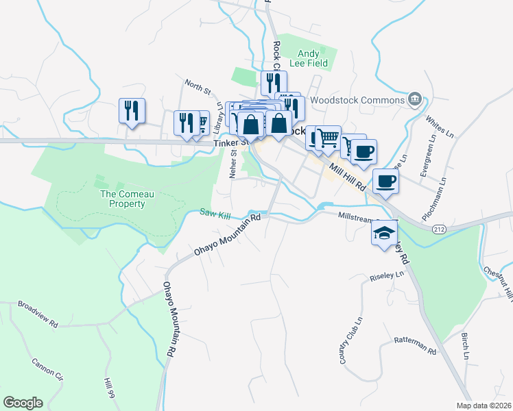 map of restaurants, bars, coffee shops, grocery stores, and more near 19 Ohayo Mountain Road in Woodstock