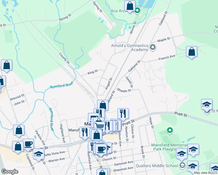 map of restaurants, bars, coffee shops, grocery stores, and more near 55 Angell St in Mansfield