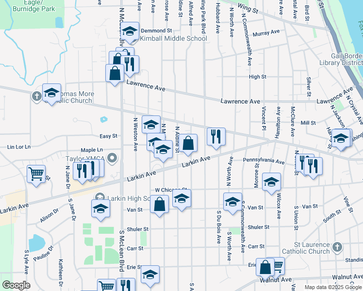 map of restaurants, bars, coffee shops, grocery stores, and more near 81 North Aldine Street in Elgin
