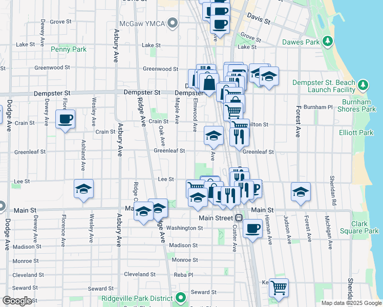 map of restaurants, bars, coffee shops, grocery stores, and more near 1044 Elmwood Avenue in Evanston