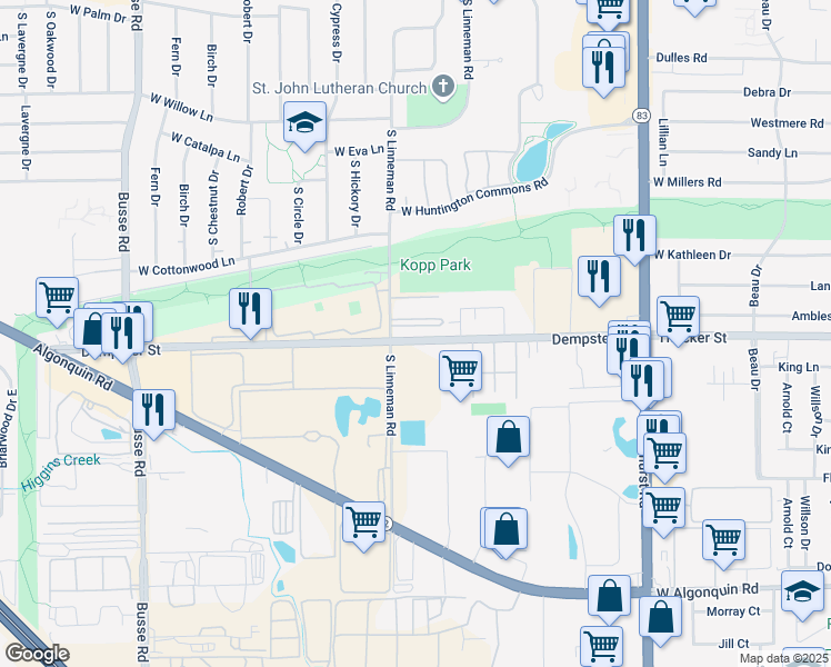 map of restaurants, bars, coffee shops, grocery stores, and more near 648 Dempster Avenue in Mount Prospect