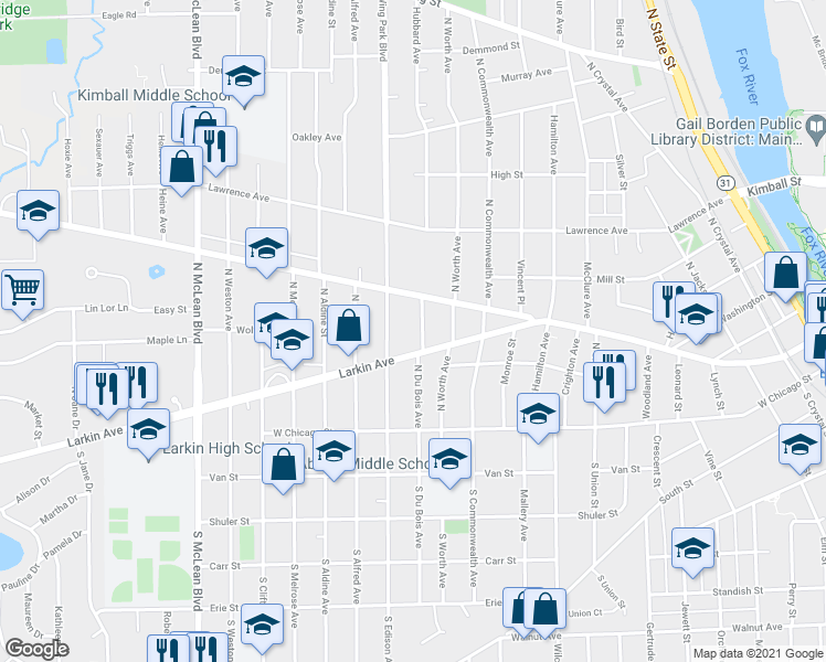 map of restaurants, bars, coffee shops, grocery stores, and more near 170 North Du Bois Avenue in Elgin