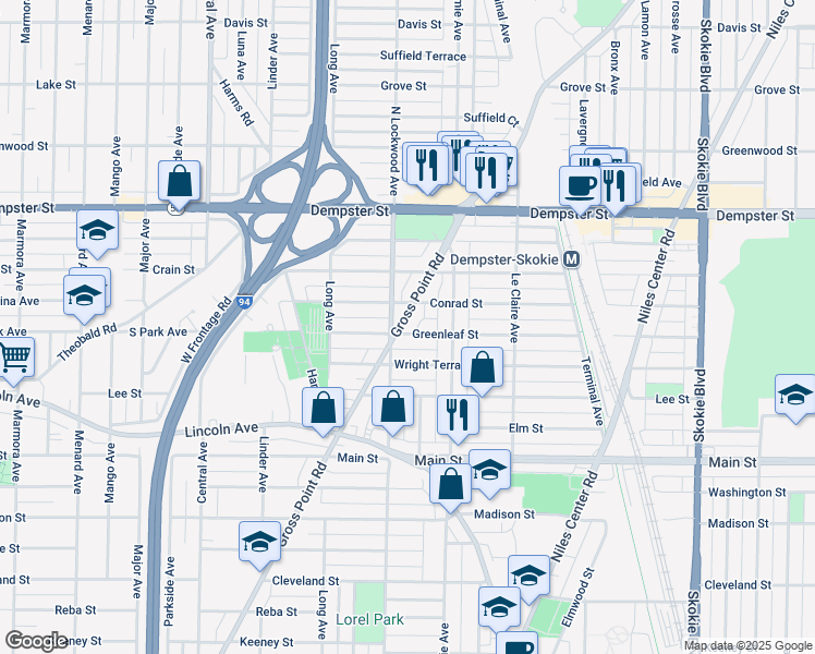 map of restaurants, bars, coffee shops, grocery stores, and more near 5250 Greenleaf Street in Skokie