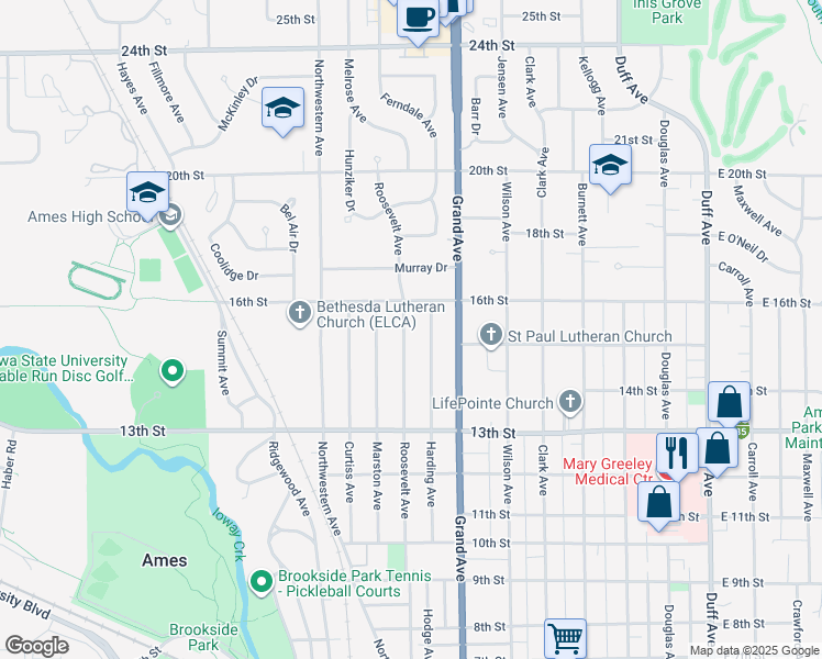 map of restaurants, bars, coffee shops, grocery stores, and more near 1516 Roosevelt Avenue in Ames