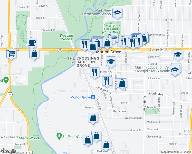 map of restaurants, bars, coffee shops, grocery stores, and more near 8603 Ferris Avenue in Morton Grove