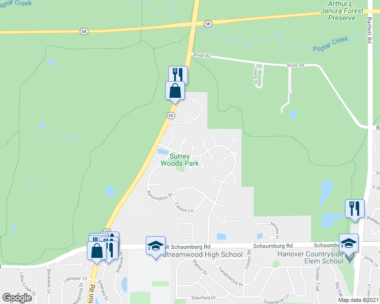 map of restaurants, bars, coffee shops, grocery stores, and more near 521 Ascot Lane in Streamwood