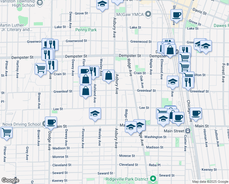 map of restaurants, bars, coffee shops, grocery stores, and more near 1044 Asbury Avenue in Evanston