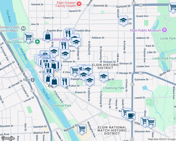 map of restaurants, bars, coffee shops, grocery stores, and more near 396 East Chicago Street in Elgin