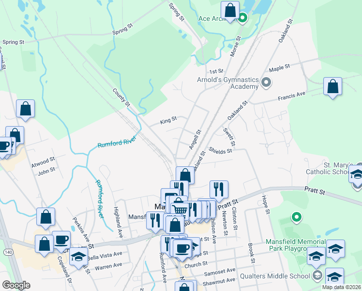 map of restaurants, bars, coffee shops, grocery stores, and more near 549 North Main Street in Mansfield