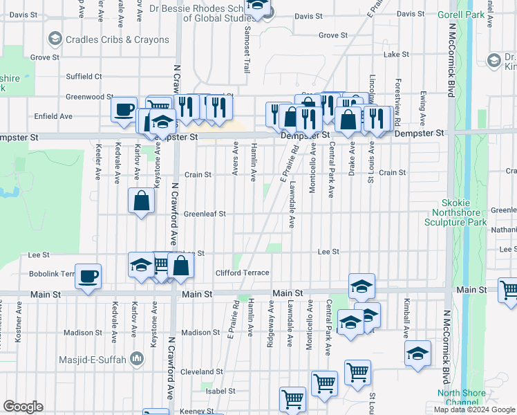 map of restaurants, bars, coffee shops, grocery stores, and more near 8609 Hamlin Avenue in Skokie