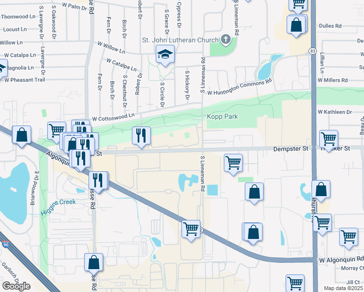 map of restaurants, bars, coffee shops, grocery stores, and more near 714 Dempster Street in Mount Prospect