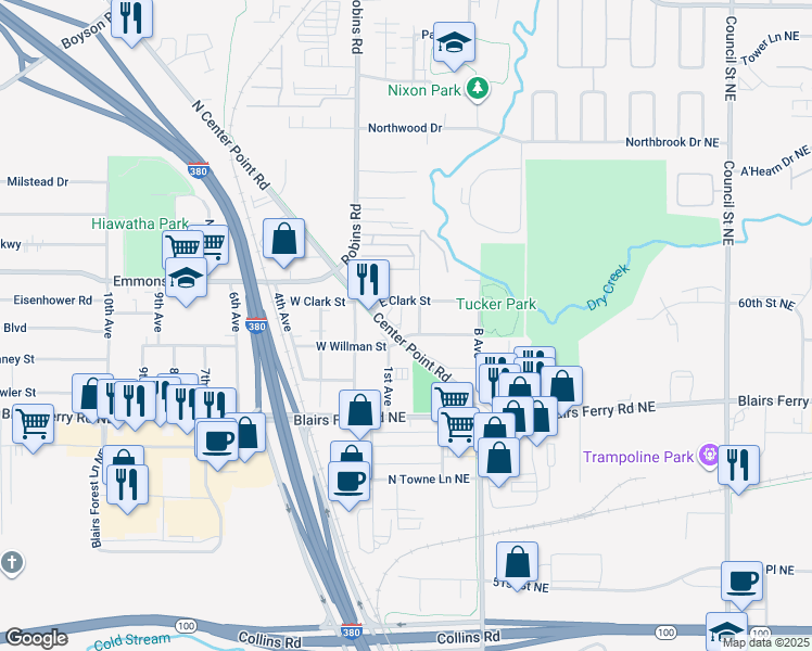 map of restaurants, bars, coffee shops, grocery stores, and more near 95 Willman St in Hiawatha