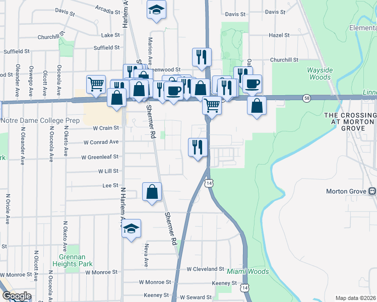 map of restaurants, bars, coffee shops, grocery stores, and more near 8605 North National Avenue in Niles