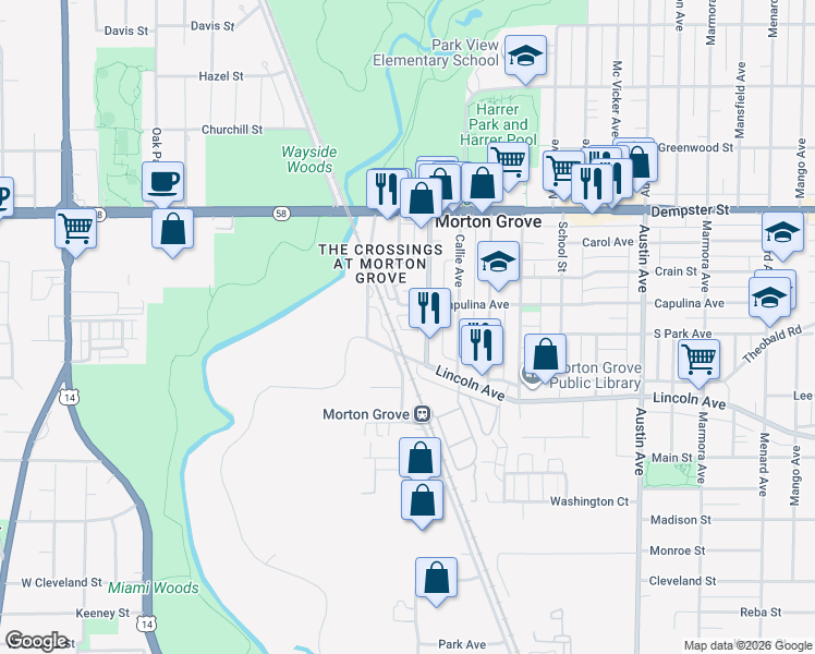 map of restaurants, bars, coffee shops, grocery stores, and more near 306 Capulina Court in Morton Grove