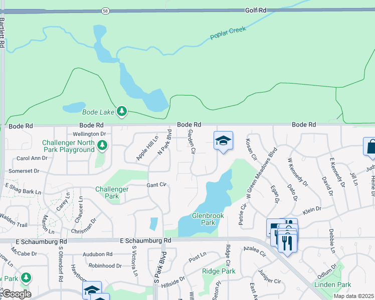 map of restaurants, bars, coffee shops, grocery stores, and more near 2 Windgate Court in Streamwood