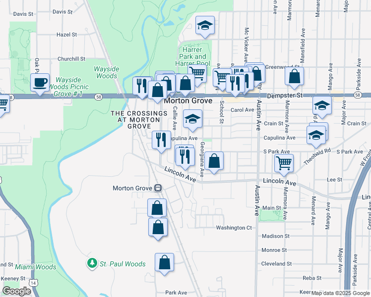 map of restaurants, bars, coffee shops, grocery stores, and more near 8604 Fernald Avenue in Morton Grove