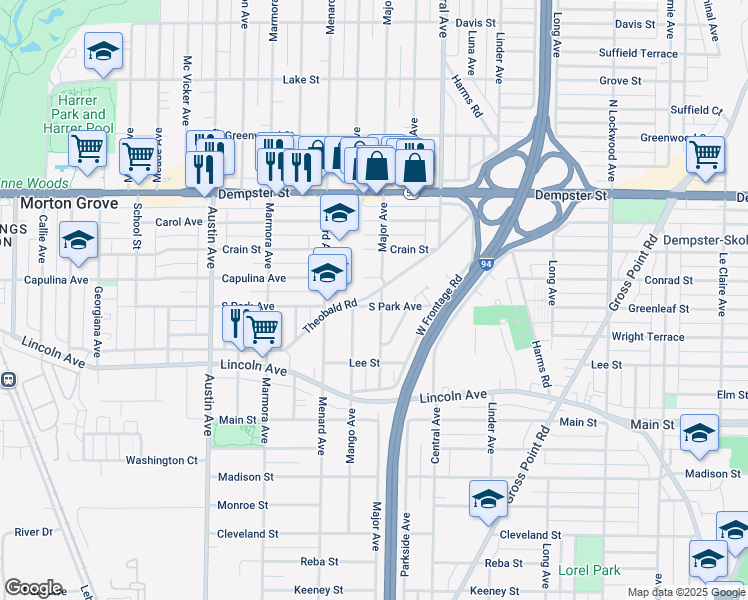 map of restaurants, bars, coffee shops, grocery stores, and more near 5700 South Park Avenue in Morton Grove