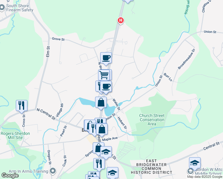 map of restaurants, bars, coffee shops, grocery stores, and more near 135 North Bedford Street in East Bridgewater