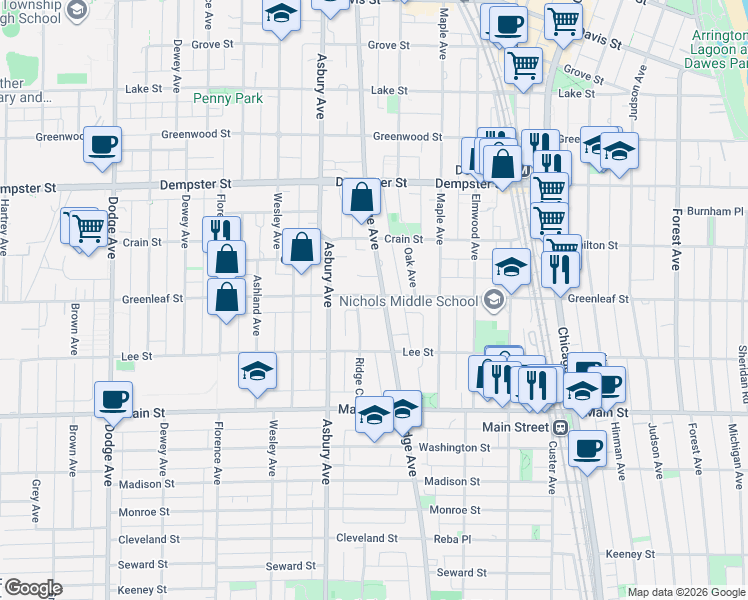 map of restaurants, bars, coffee shops, grocery stores, and more near 1041 Ridge Court in Evanston
