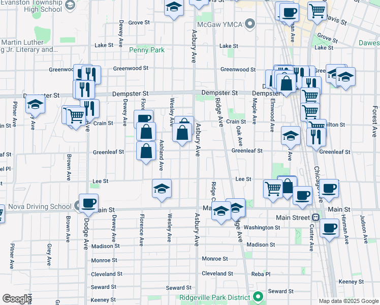 map of restaurants, bars, coffee shops, grocery stores, and more near 1044 Asbury Avenue in Evanston
