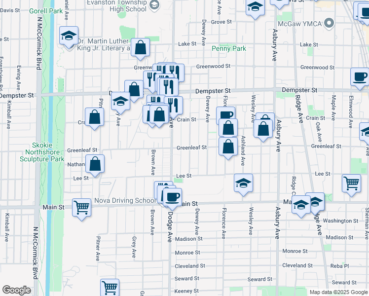 map of restaurants, bars, coffee shops, grocery stores, and more near 1047 Darrow Avenue in Evanston