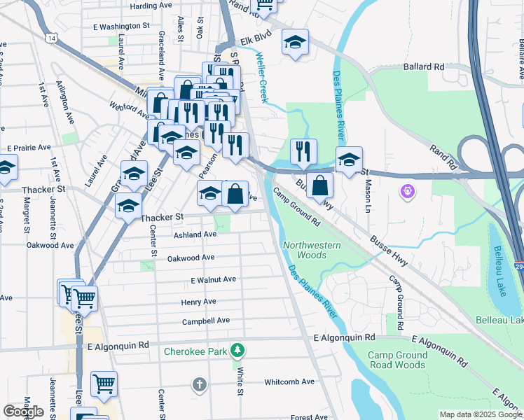 map of restaurants, bars, coffee shops, grocery stores, and more near 1643 East Thacker Street in Des Plaines