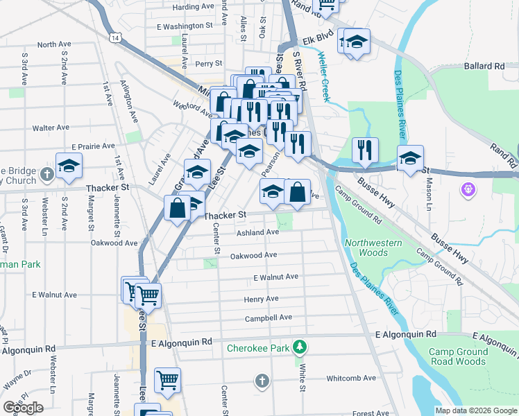 map of restaurants, bars, coffee shops, grocery stores, and more near 1526 Thacker Street in Des Plaines