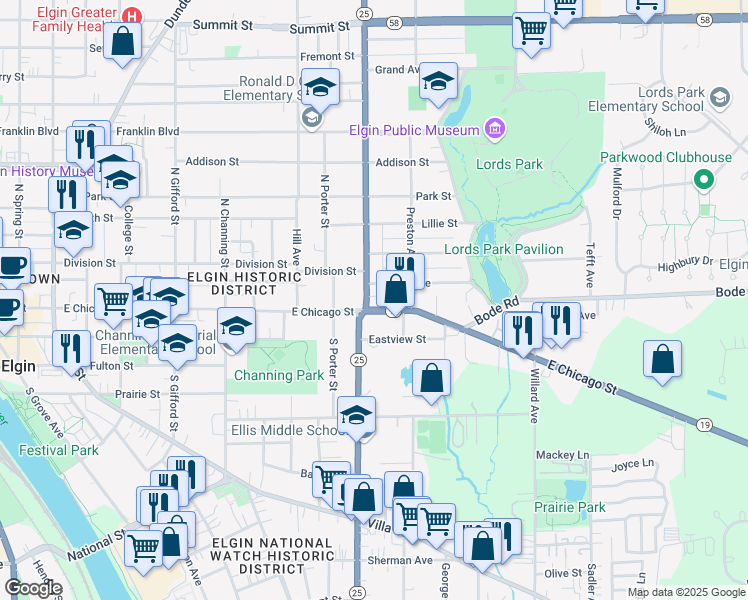 map of restaurants, bars, coffee shops, grocery stores, and more near 3 North Liberty Street in Elgin
