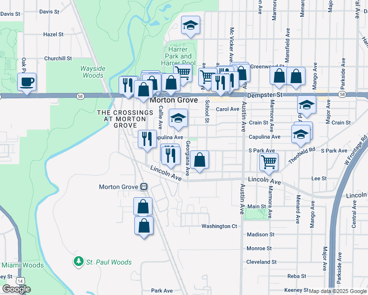 map of restaurants, bars, coffee shops, grocery stores, and more near 8602 Georgiana Avenue in Morton Grove