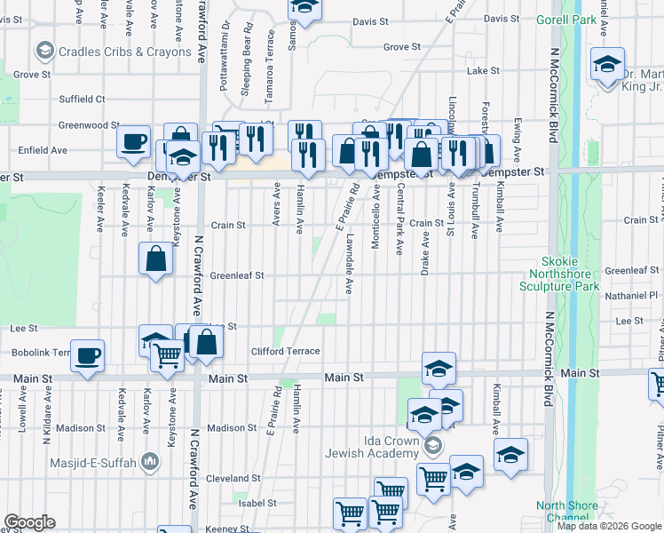 map of restaurants, bars, coffee shops, grocery stores, and more near 8611 East Prairie Road in Skokie