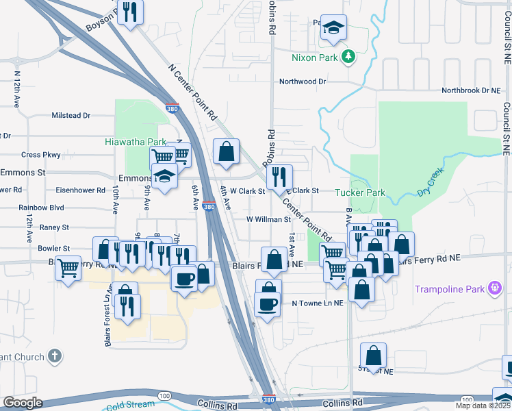 map of restaurants, bars, coffee shops, grocery stores, and more near 107 3rd Ave in Hiawatha