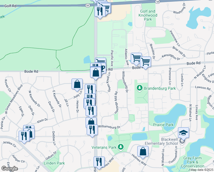map of restaurants, bars, coffee shops, grocery stores, and more near 226 Green Knoll Lane in Streamwood